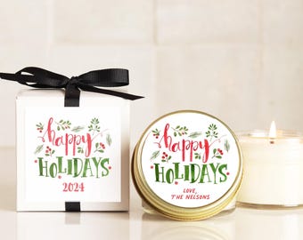 Happy Holidays Personalized Candles Christmas Party Favors and Gifts