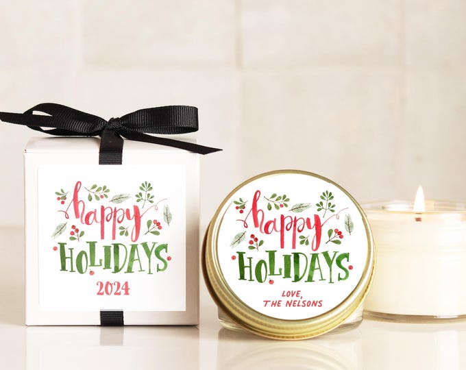 Happy Holidays Personalized Candles Christmas Party Favors and Gifts
