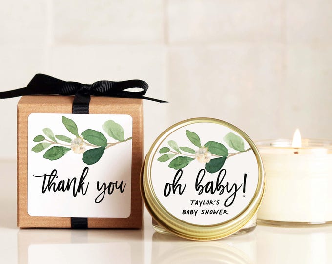 Personalized Baby Shower Favor Candles: Oh Baby Greenery Label