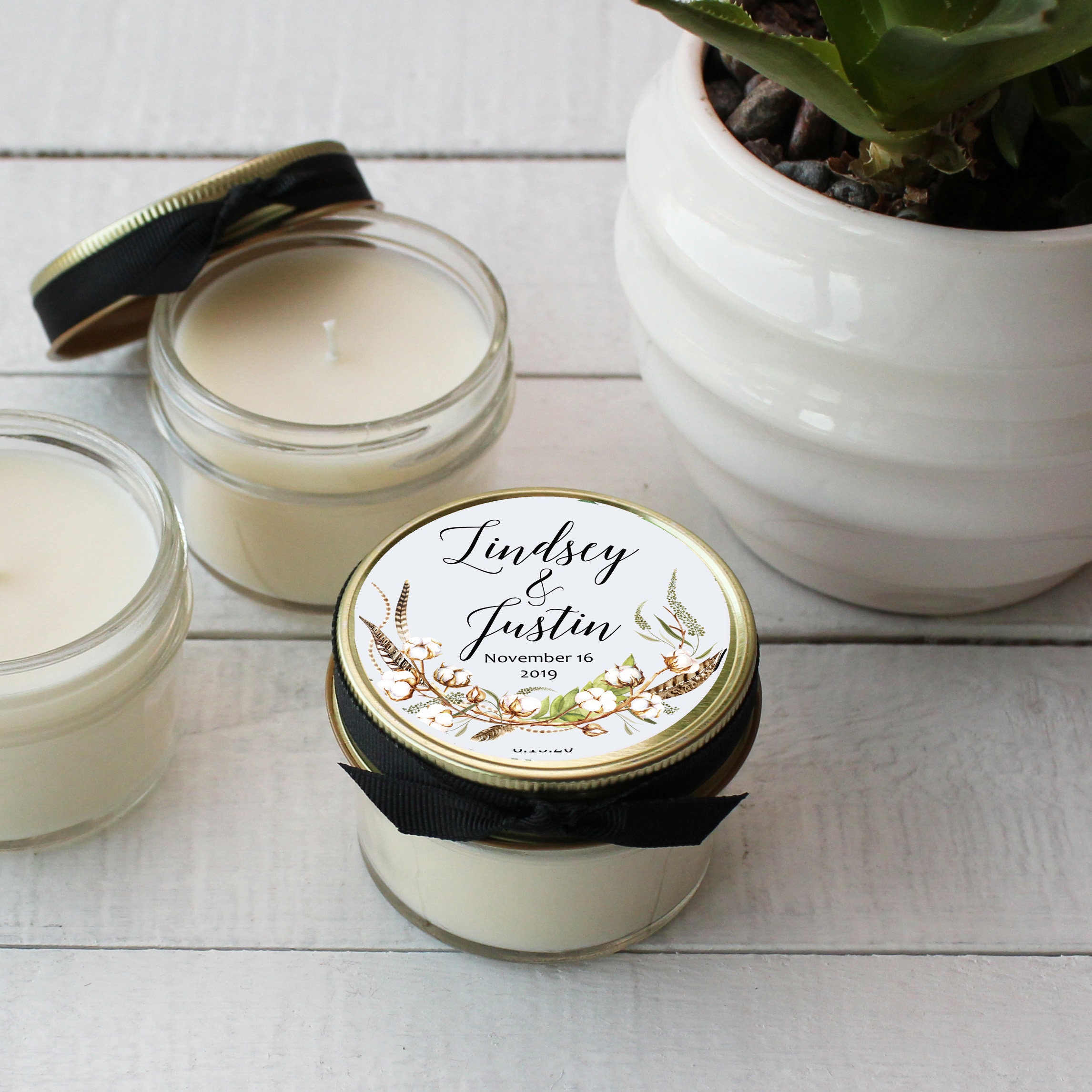 Wedding Favor Candles Cotton Label Design Fall Wedding