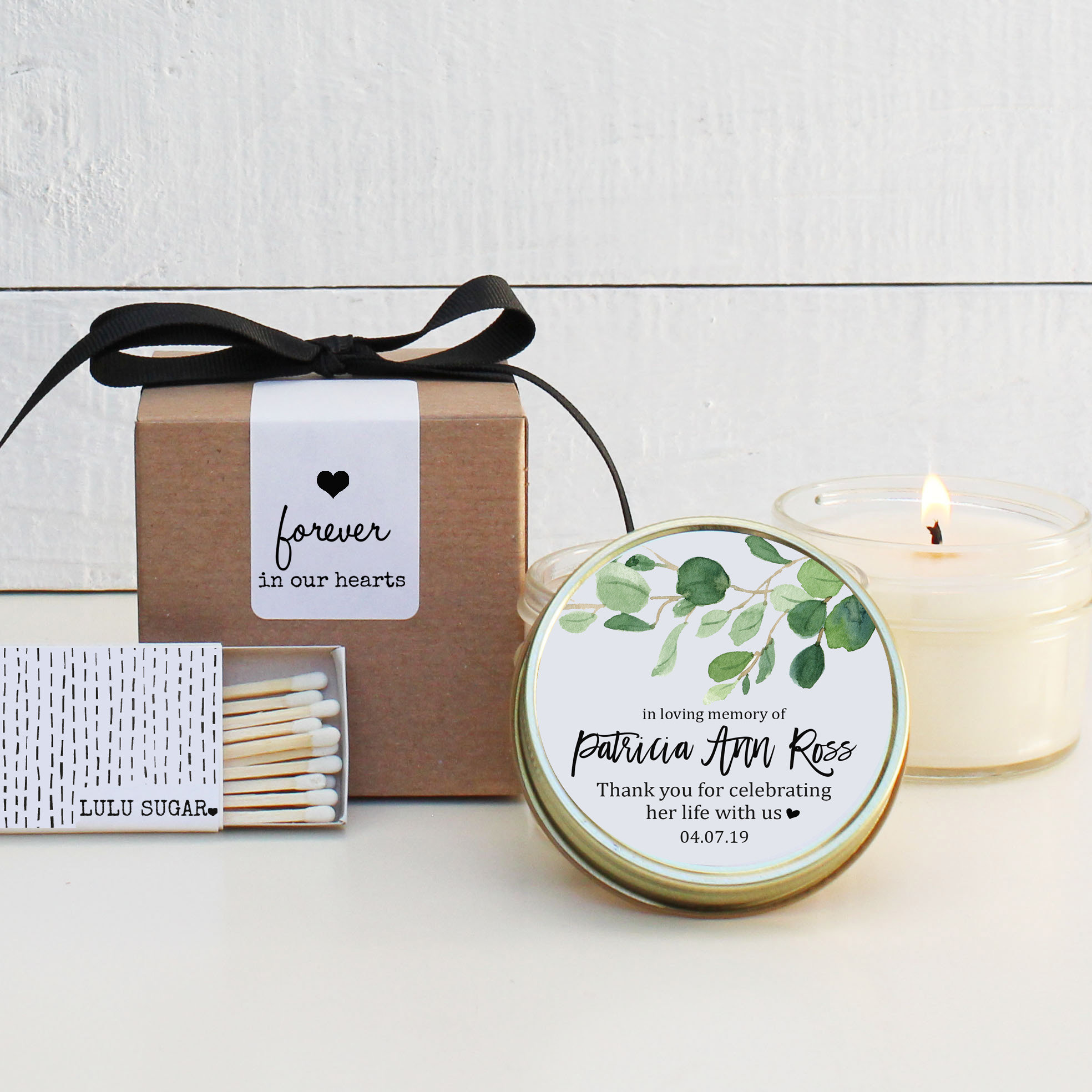 Personalized Memorial Service Favors Eucalyptus Branch Memorial Candles