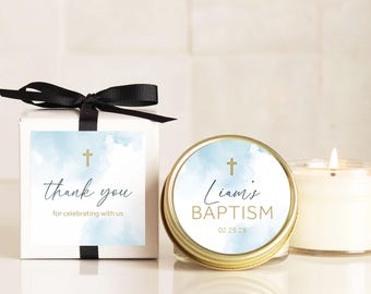 Personalized Baptism Favors: Blue Watercolor Soy Candle