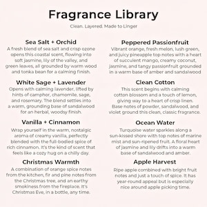 The image is a collection of scents from the Fragrance Library, each with a unique aroma and description. The scents include Sea Salt + Orchid, Peppered Passionfruit, White Sage + Lavender, Clean Cotton, Vanilla + Cinnamon, and Ocean Water.