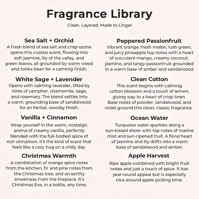 The image is a collection of scents from the Fragrance Library, each with a unique aroma and description. The scents include Sea Salt + Orchid, Peppered Passionfruit, White Sage + Lavender, Clean Cotton, Vanilla + Cinnamon, and Ocean Water.