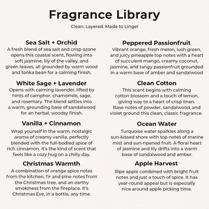 The image is a collection of scents from the Fragrance Library, each with a unique aroma and description. The scents include Sea Salt + Orchid, Peppered Passionfruit, White Sage + Lavender, Clean Cotton, Vanilla + Cinnamon, and Ocean Water.