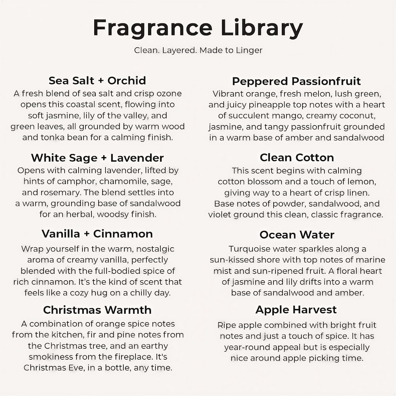 The image is a collection of scents from the Fragrance Library, each with a unique aroma and description. The scents include Sea Salt + Orchid, Peppered Passionfruit, White Sage + Lavender, Clean Cotton, Vanilla + Cinnamon, and Ocean Water.