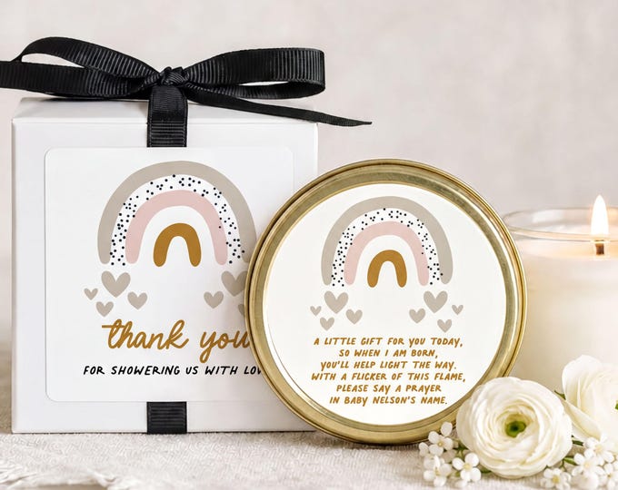 Boho Rainbow Baby Shower Favors Prayer Candle Favors for Guests Personalized Baby Shower Candle Gender Neutral
