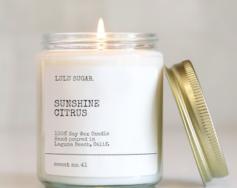 Sunshine Citrus Scented Soy Candle: Orange, Lemon, Grapefruit