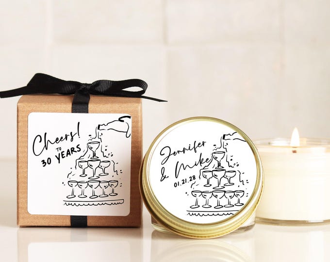 Personalized Anniversary Candle Favors: Hand-Drawn Champagne Label