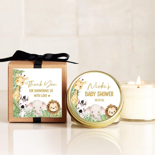 Jungle Animals Baby Shower Favor Candles: Personalized Soy Wax