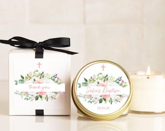 Personalized Baptism Favors: Soy Wax Candle, Floral Design
