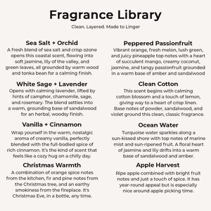 The image is a collection of scents from the Fragrance Library, each with a unique aroma and description. The scents include Sea Salt + Orchid, Peppered Passionfruit, White Sage + Lavender, Clean Cotton, Vanilla + Cinnamon, and Ocean Water.