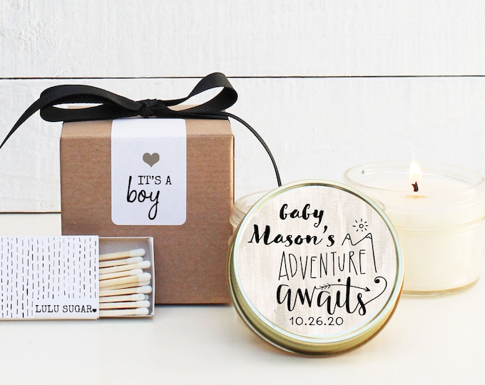 Baby Shower Favor Candles - Adventure Label Design | Girl Boy Shower Favors | Soy Candle Favors | Adventure Baby Shower Favor