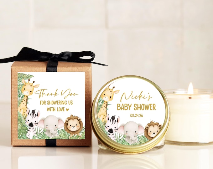 Jungle Animals Baby Shower Favor Candles: Personalized Soy Wax