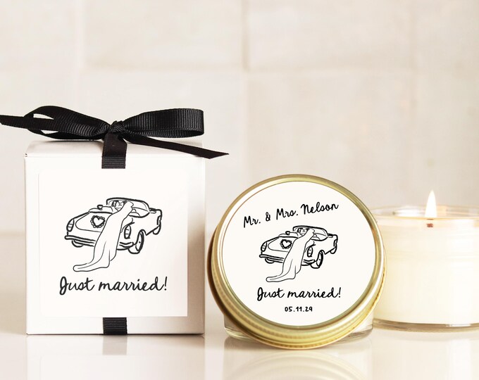 Personalized Wedding Favor Candle: Hand-Drawn Just Married Label