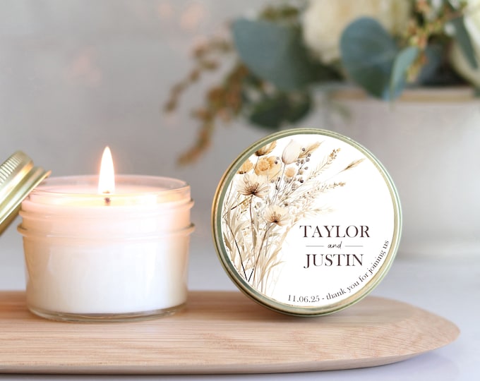 Personalized Wedding Favor Candles: Dried Flower Label, Soy Candle