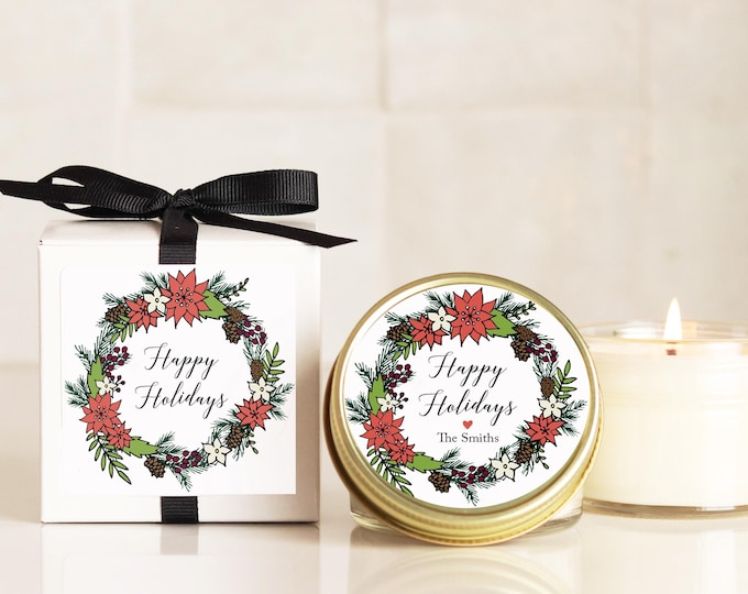 Holiday Candle Favors 4 oz- Poinsettia Wreath Label - Candle Christmas Gift | Personalized Holiday Gift | Christmas Party Favor |Candle Gift