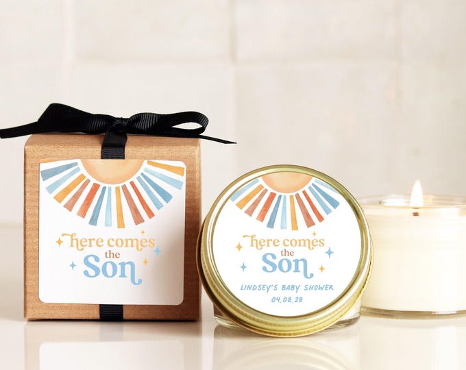 Here Comes the Son Boy Baby Shower Favor: Personalized Soy Candle