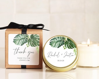 Tropical Wedding Favor: Personalized Soy Candle with Tropical Leaves