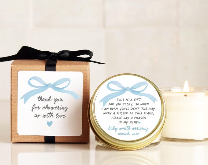 Personalized Prayer Poem Candle: Blue Bow Baby Shower Favors