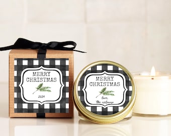Christmas Candles Personalized Buffalo Check Labels Holiday Party Favors and Gifts