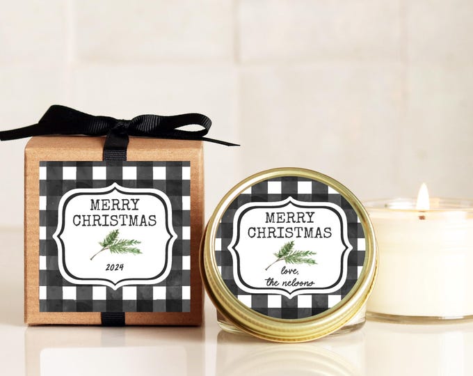 Christmas Candles Personalized Buffalo Check Labels Holiday Party Favors and Gifts