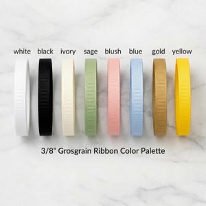 A collection of eight different colored grosgrain ribbons arranged in a row, with each ribbon having a corresponding color label next to it.