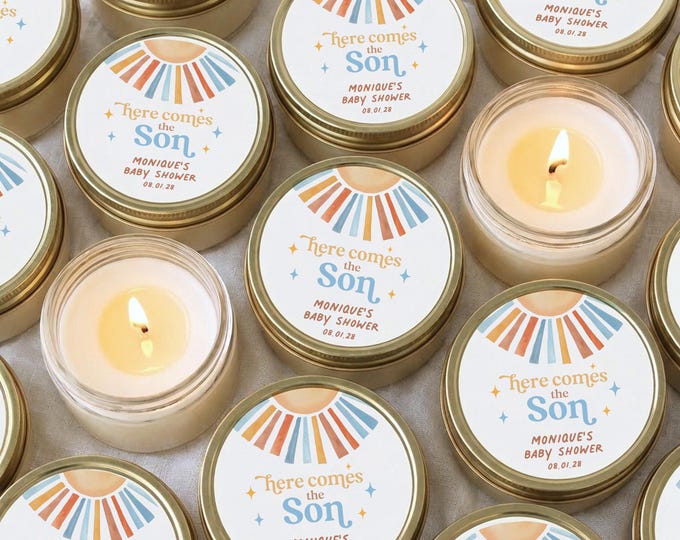 Here Comes the Son Personalized Baby Shower Candle Favors or Gifts