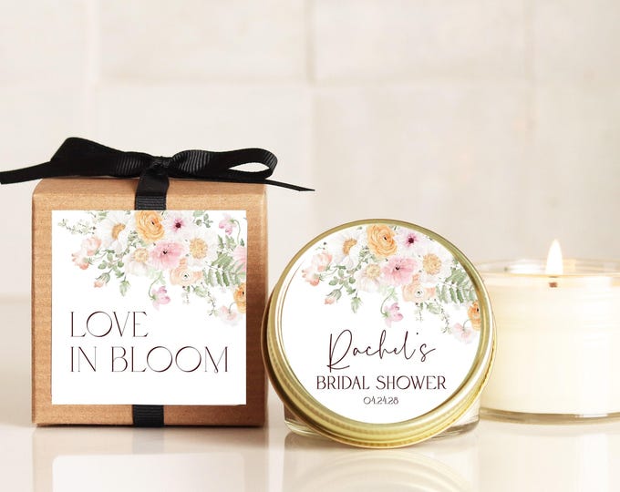 Pink Floral Bridal Shower Favors: Personalized Soy Candle