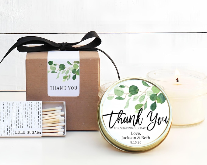 Wedding Favor Candles: Eucalyptus Greenery - Personalized Label