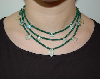 Emerald and Aquamarine Multi Strand Bib Style Shield Necklace
