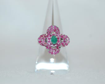 Ruby and Emerald Clover Cocktail Silver Ring