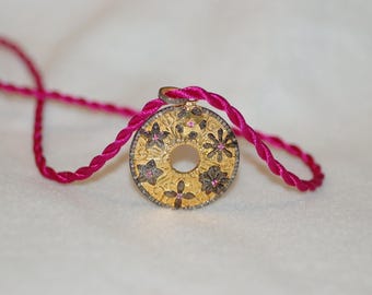 Diamond and Ruby Textured Floral Sterling Silver Disk Pendant