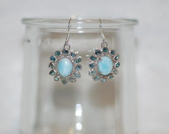Larimar and Blue Rose Cut Diamonds Flower Dangle Earrings
