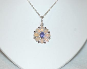 Tanzanite Opal and Diamond Flower Pendant Necklace