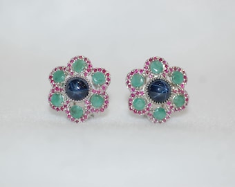 Star Sapphire Gemstone Flower Statement Omega Clip Silver Earrings