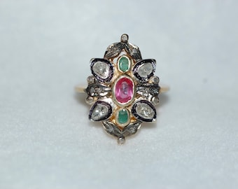 Diamond, Emerald & Ruby Antique Style Shield Two Tone Sterling Silver Ring