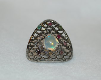 Opal and Tourmaline Scalloped Ring