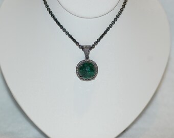 Faceted Emerald and Salty Micro Diamonds Silver Pendant Necklace