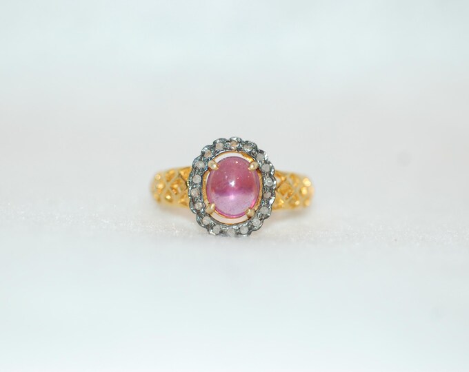 Featured listing image: Ruby Cabochon and Diamond Gilded Age Filigree Silver Ring