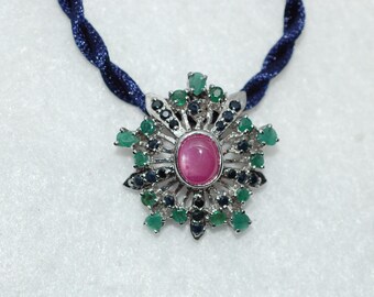 Ruby, Sapphire and Emerald Regal Convertible Silver Pendant Broach