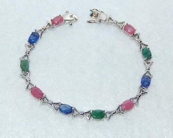 Ruby, Sapphire and Emerald Gemstone Silver Bracelet