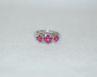 Three Ruby Flower Silver Ring