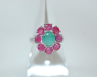 Emerald and Ruby Cluster Sterling Silver Cocktail Ring
