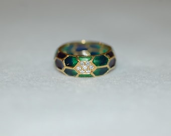 Hidalgo Plique A Jour Multi Color Enamel and Diamonds 18K Yello Gold Band Ring