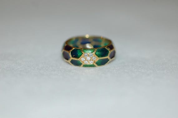 Hidalgo Plique A Jour Multi Color Enamel and Diamonds 18K Yello Gold Band Ring