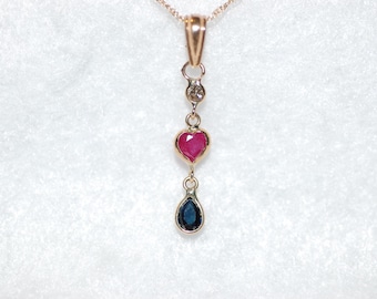 Ruby, Sapphire and Diamond Heart 14K Yellow Gold Necklace
