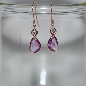 Pink Sapphire and Diamond Freeform Dangle Gold Earrings