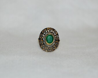 Emerald and Diamonds Filigree Silver Ring
