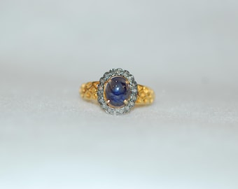 Sapphire Cabochon and Diamond Gilded Age Style Ring